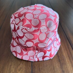 Vintage Y2K Coach Signature Red Monogram Bucket Hat‎ Distressed Trim Bow Accent